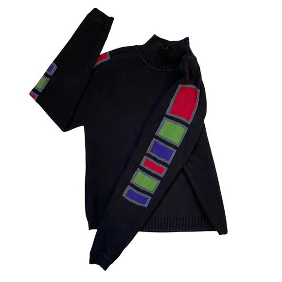 Vintage 90s/Y2k NY Based 100% Cotton Geometric Color Block Mock Neck Sweater - Picture 3 of 5